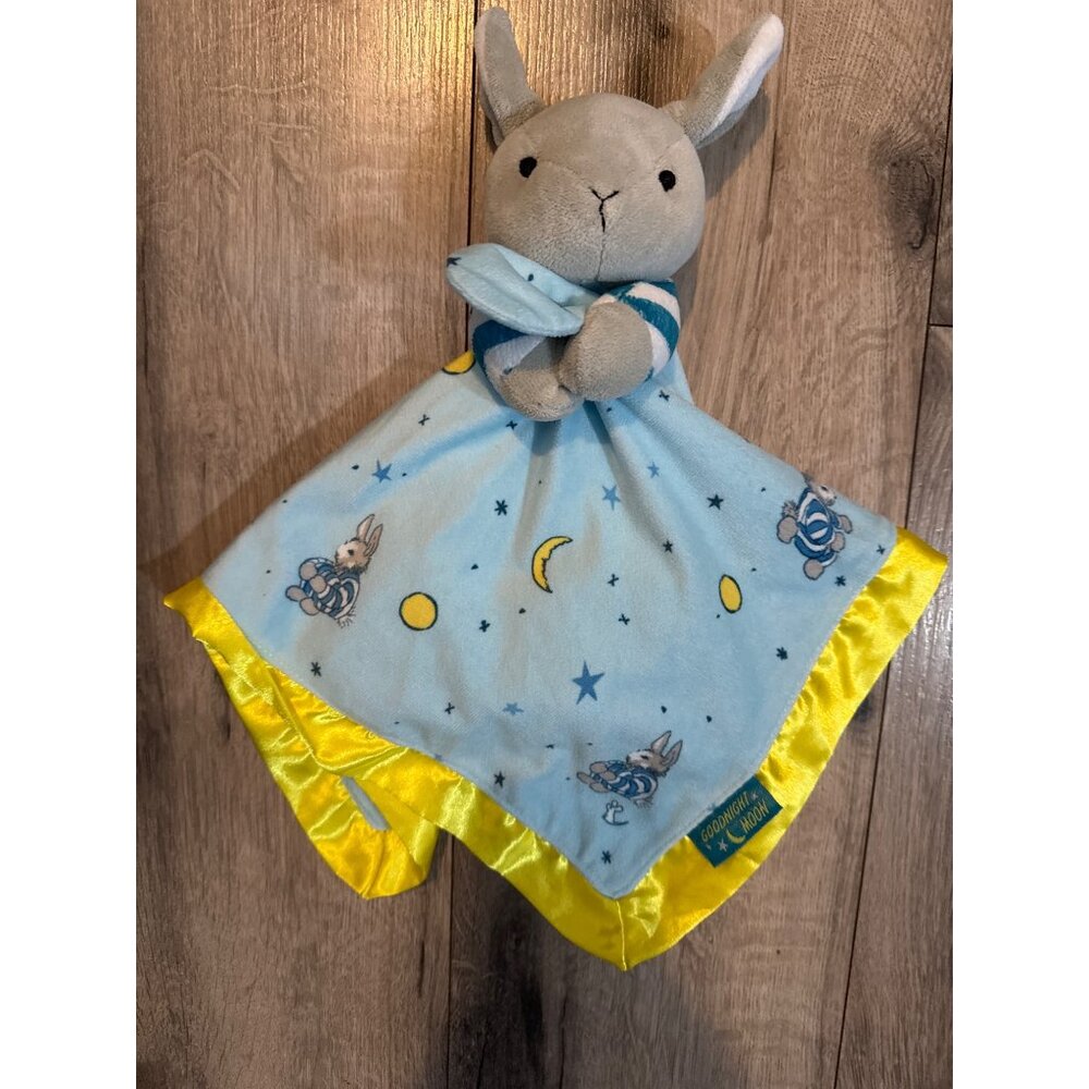 Goodnight Moon Bunny Lovey Blanket Blue & Yellow Satin Trim